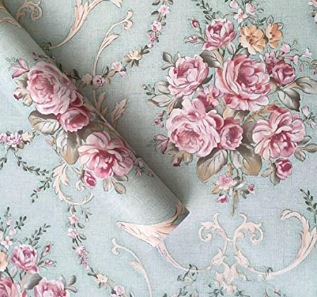 Amao Light Green Damask Floral Peel and Stick Self-Adhesive Wallpaper Paper Sticker for Home Kitchen Holiday Decor 17.7''x78.7''