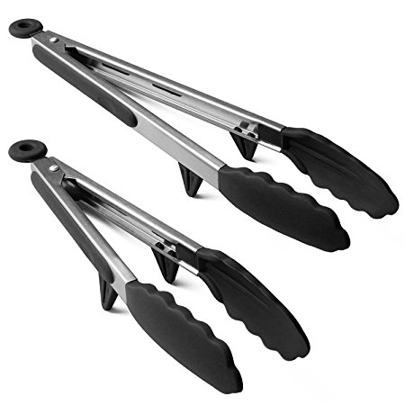 Cegar 2 Pack Kitchen Tongs Stainless Steel Material with Heat Resistant Silicone Grip For Entertaining,Party,Cooking,Baking (9 Inch 12 Inch,Black)