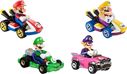 Hot Wheels Mario Kart Vehicle 4-Pack, Set of 4 Fan-Favorite Characters Includes 1 Exclusive Model, Collectible Gift for Kids & Fans Ages 3 Years Old & Up