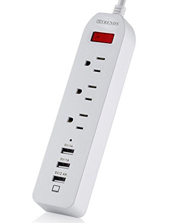 HITRENDS Power Strip 3 AC Outlets with 3 USB Charging Ports Extension Cord 1250W/10A for iPhone 7 6 6S Plus iPad Samsung HTC LG Tablets Laptop (6ft, White)