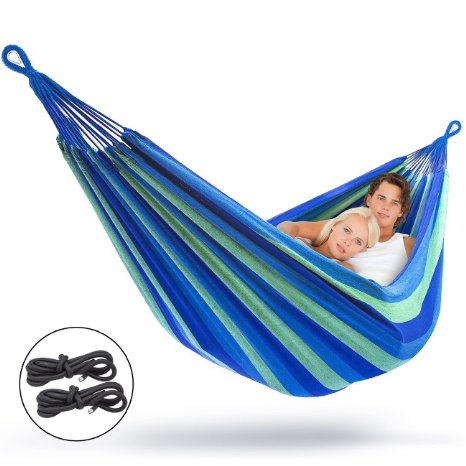 Sorbus® Brazilian Double Hammock - Extra-Long Two Person Portable Hammock Bed for Any Indoor or Outdoor Spaces (Green & Blue Stripes) - Hanging Rope and Carrying Pouch Included