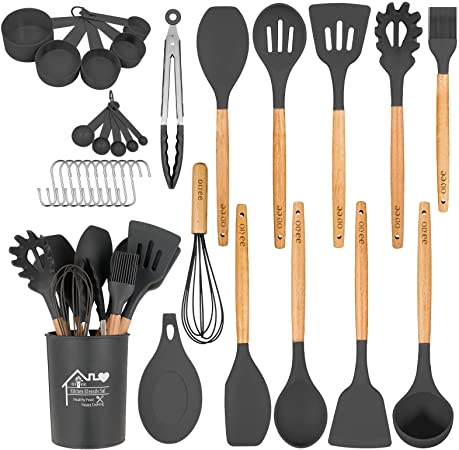 olyee 33Pcs Silicone Cooking Utensil Set, Kitchen Utensil Set with Wooden Handle for Non-Stick Heat Resistant Cookware, Wooden Handle Kitchen Tool Set with Utensils Holder(Grey)