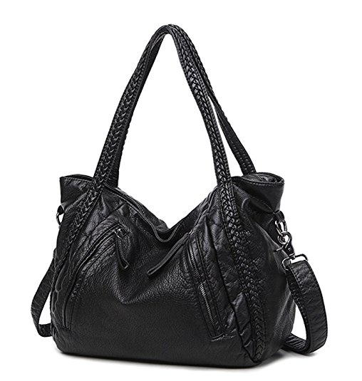 Mn&Sue Black Large Slouchy Soft Leather Women Handbag Braided Shoulder Tote Bag Lady Hobo Satchel