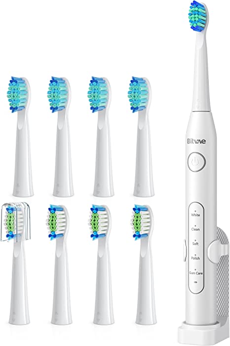 Bitvae D2 Ultrasonic Electric Toothbrush with 8 Brush Heads, Sonic Toothbrush for Adults and Kids with a Holder, 5 Modes, Smart Timer, White