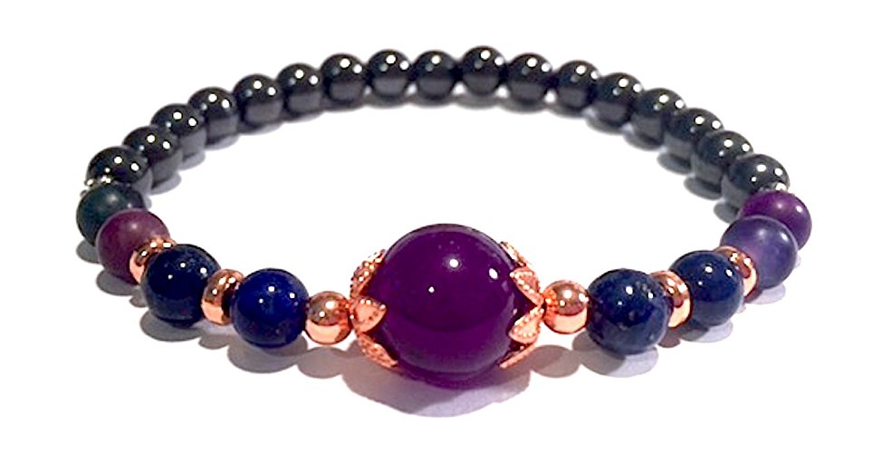 Handmade Russian Amethyst, Hematite, Lapis Lazuli and Purple Stripe Agate Healing Bracelet