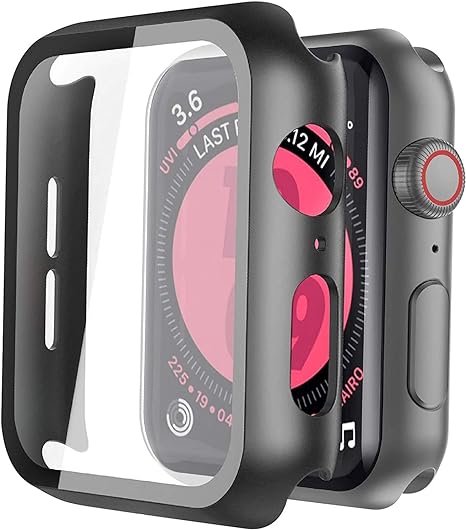 Langboom 2 Pack Black Hard Case Compatible with Apple Watch Series 9 (2023) Series 8 Series 7 41mm with Tempered Glass Screen Protector, iWatch Ultra Thin HD Shockproof Overall Protective Cover