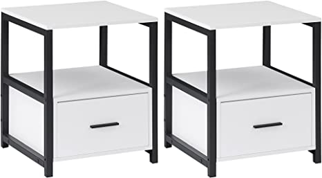 VECELO 2-Tier Nightstand with Drawer, Modern End, Bedside Table for Bedroom, Living Room, Small Space, Night Stand with Storage Open Shelf, Stable Metal Frame (White & Black, 2 Pack)