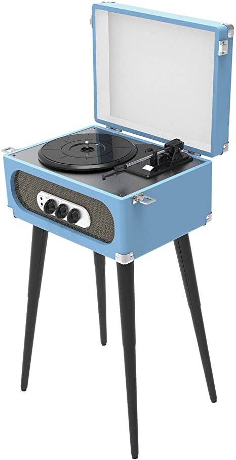 Sylvania Bluetooth Retro Turntable with Stand & FM Radio (Blue), 17.90in. X 12.30in. X 9.90in