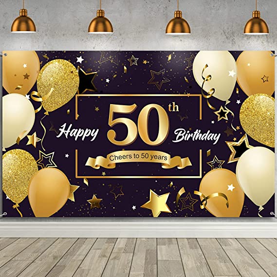 Happy Birthday Banner Backdrop Black and Gold Birthday Backdrop Shiny Golden Photo Booth Backdrop Balloon Star Photography Background for Men Women Party Decor Supplies, 72.8 x 43.3 Inch (50th)