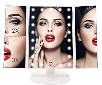 TriFold Illuminated Vanity Makeup Mirror, with 21 LED, Touch Screen, 180° Adjustable Stand, 1x/2x/3x Magnification, Batteries and Usb Charging