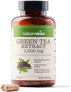 NatureWise Green Tea Extract Capsules 1000 mg - 50% EGCG & 98% Polyphenols - Extra Strength Antioxidants for Heart Health and Energy - Vegan, Gluten Free, Non-GMO - 60 Capsules[1-Month Supply]