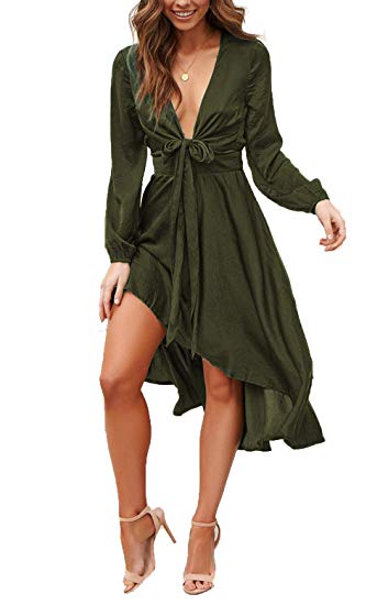 NERLEROLIAN Women Sexy Long Sleeve V-Neck Solid Autumn Party Dress Two Style
