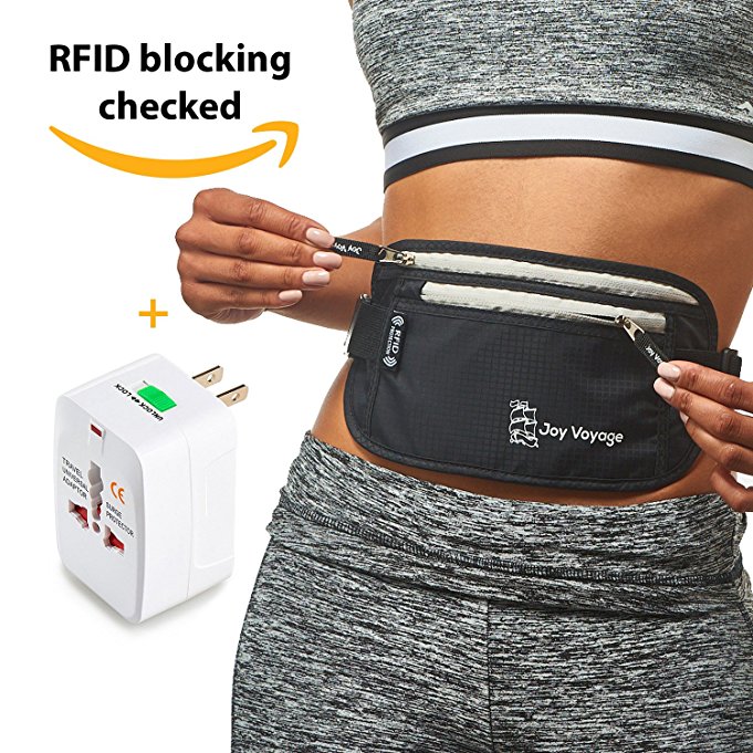 RFID Money Belt for Travel with Worldwide Travel Adapter. Most valuable property within reach
