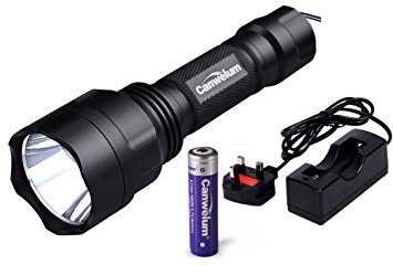 Canwelum Super-bright Cree LED Torch, Rechargeable LED Torch Flashlight, Tactical LED Torch Light - Certified by CE (A Complete Set of Torch, 18650 Battery and BS1363 Charger)
