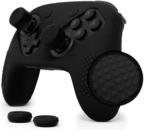 Nintendo Switch Pro Controller Skin Set by Foamy Lizard – AlphaPro Grip, STUDDED Sweat Free Silicone Cover w/ Flat Anti-slip Studs PLUS set of 4 QSS-Pro Thumb Grips (SKIN   QSS-P GRIPS, BLACK)