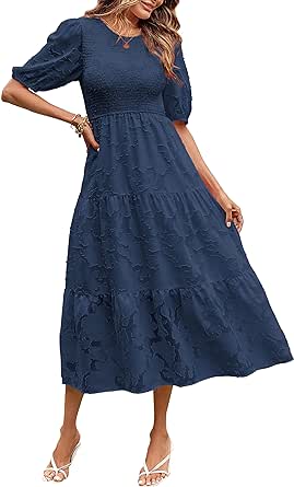 MEROKEETY Women's 2024 Summer Puff Sleeve Smocked Floral Dress Crewneck Lace Flowy Tiered Midi Dresses