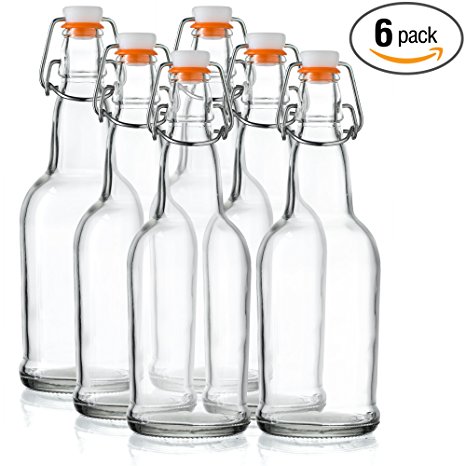 Home Brewing Glass Beer Bottle with Easy Wire Swing Cap & Airtight Rubber Seal - 16oz - Case of 6 - by Tiabo