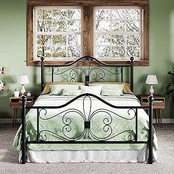 Allewie Full Size Bed Frame with Headboard,Metal Bed Frame with Butterfly Pattern Design Headboard & Footboard,No Box Spring Needed,Easy Assembly,Black