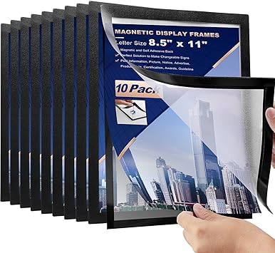 10 Pcs Magnetic Signs Holder, for 8.5" x 11" Letter, Durable PVC Magnetic Document Holder, Magnetic Picture Poster Frame, Can Self-Adhesive Wall/Door/Window or Magnetic for Refrigerator