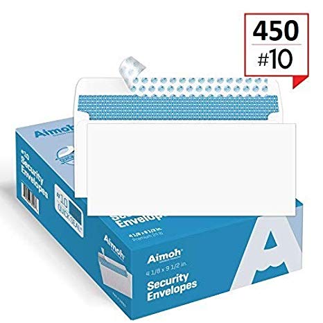 #10 Security Tinted Self-Seal Envelopes - No Window, Size 4-1/8 X 9-1/2 Inches - White - 24 LB - 450 Count (34450)
