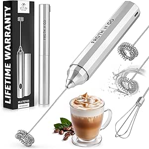 Zulay Kitchen Powerful Rechargeable Milk Frother with Case - Froth N Go Compact Handheld Foam Maker for Lattes - Travel Electric Whisk Drink Mixer for Coffee - 3 Whisk Attachments - Silver