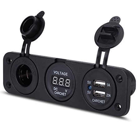 zowaysoon PJH-RS-0377 Car Digital Voltmeter Dual USB  2 Port Power Socket Three Hole Panel, Black