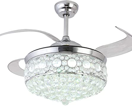 Crystal Ceiling Fan with Light 42 Inch, Invisible Retractable Ceiling Fan Chandelier with Remote,Chrome Finished (Silver)