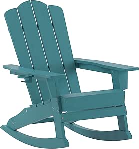 Flash Furniture Newport Adirondack Rocking Chair with Cup Holder, Weather Resistant Poly Resin Adirondack Rocking Chair, Blue