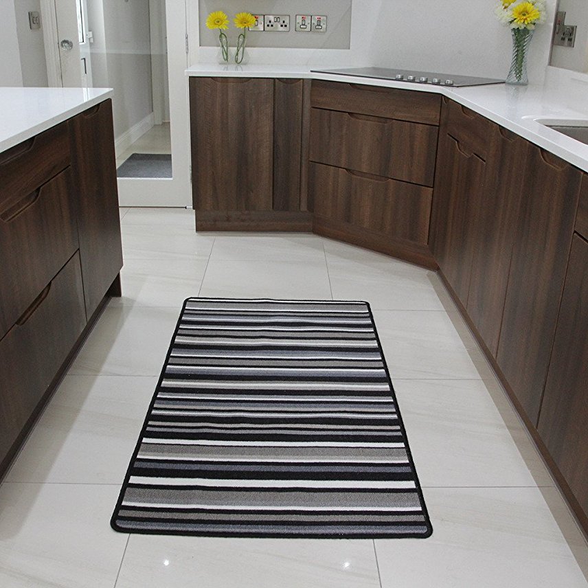 Black and Grey Stripe Affordable Machine Washable Anti Creep Kitchen Mat Luna - 9 sizes available