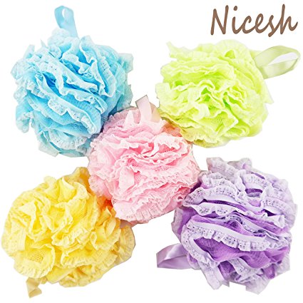 Nicesh Bath Sponges with Mesh & Lace Loofah Extra Large 60g,Assorted Colors,5 Counts