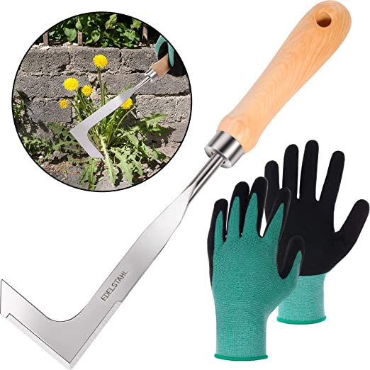 SATINIOR Stainless Steel Garden Weeder with Safety Work Protective Gloves Wood Handle Weeder for Garden, Lawn Yard, Side-Walk Weeding Tool