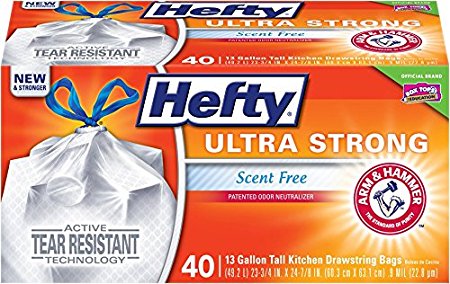 Hefty Ultra Strong Tall Kitchen Drawstring Trash Bags (Scent Free, 13 Gallon, 40 Count)