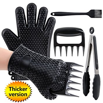 Silicone BBQ /Cooking Gloves -Meat Shredder Claws -Kitchen Tongs -Silicone Brush Set , Silicone Heat Resistant Grilling BBQ, Oven, Grill, Baking, Cooking / Oven Gloves & Barbecue Claws (Black Set)