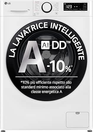 LG AI DD F4R3009NSWB Lavatrice Classe A -10%, 9kg Serie R3, Carica Frontale, 1400 giri, AIWash, Lavaggio a vapore, Motore Direct Drive, Cestello a bolle, Smart Diagnosis, Libera installazione, Bianca