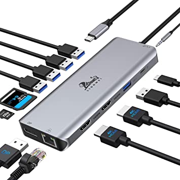 USB-C Docking Station Dual Monitor,USB C Hub Dual Monitor HDMI Adapter with 2 HDMI DP Ethernet 5USB SD/TF USB C PD Audio for MacBook Pro Air Dell HP Lenovo Thinkpad and More Type-C Laptops