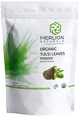 Tulsi Leaves Powder (Ocimum Sanctum) by MERLION NATURALS - 227 g / 8 OZ / 1/2 lb - 100% Natural | Vegan | Non GMO
