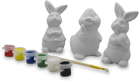 BestPysanky Set of 3 Unfinished Unpainted Easter Bunnies and Duckling Figurines 4 Inches