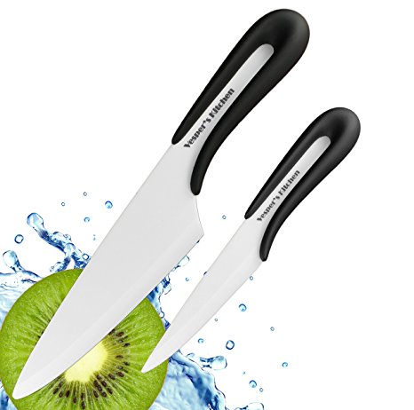 Ceramic Knife from Vesper's Kitchen includes Two Black Ceramic Knives, a 6" Chef Knife, 4" Paring Knife, Sheaths in a beautiful Gift Box (Black)