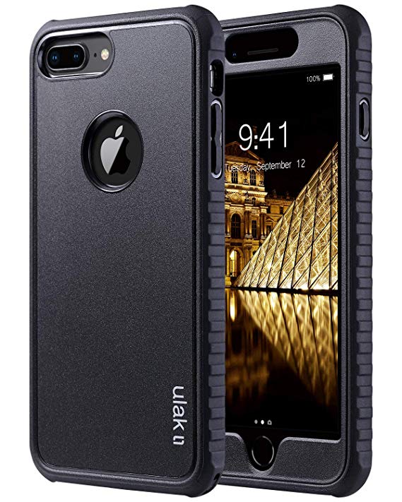 ULAK Heavy Duty Slim Case for iPhone 8 Plus, Shockproof Flexible TPU Bumper Durable Anti-Slip Lightweight Front and Back Hard Protective Safe Grip Cover for Apple iPhone 8 Plus 5.5 inch, Black