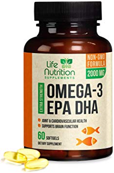 Omega 3 Fish Oil Triple Strength Concentrated 2000mg - EPA & DHA Fatty Acids - Made in USA - Non-GMO, GMP Certified, Best Fish Oil Joint Support Supplement Capsules by Life Nutrition - 60 Softgels