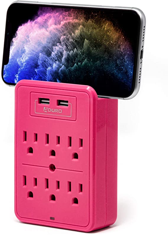Aduro Surge Protector with 6 outlets & 2 USB Ports Pink