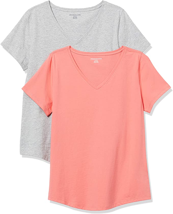 Amazon Essentials Womens 2-Pack 100% Cotton Relaxed-Fit Short-Sleeve V-Neck T-Shirt