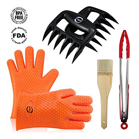 Urgod 4 x No.1 Set:BBQ Accessories Include Heat Guardian Silicone BBQ Grill Oven Gloves/Meat Claws Basting Brushes Food Tongs for Cooking, Grilling, Baking, Smoking Barbecue Potholder