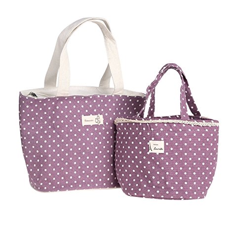Danibos Linen Cotton Insulated Large Lunch Tote Bag with Zipper, Pack of 2, Purple