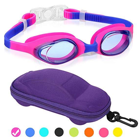 Kids Swim Goggles, Swimming Goggles for Boys Girls Kid Age 3-12 Child Colorful Swim Goggles Clear Vision Anti Fog UV Protection No Leak Soft Silicone Nose Bridge Protection Case Kids' Skoogles