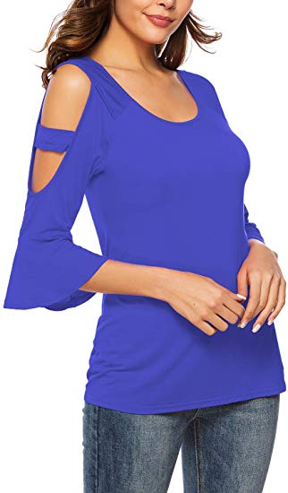 Florboom Womens Cute Top U Neck Bell Sleeve T Shirt Cold Shoulder Tee Shirts