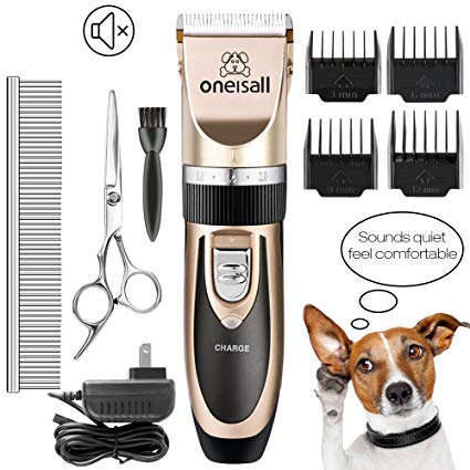 Dog Shaver Cllippers Low noise Oneisall Rechargeable Cordless Electric Queit Hair Clippers Set for Dog Cat (Gold)