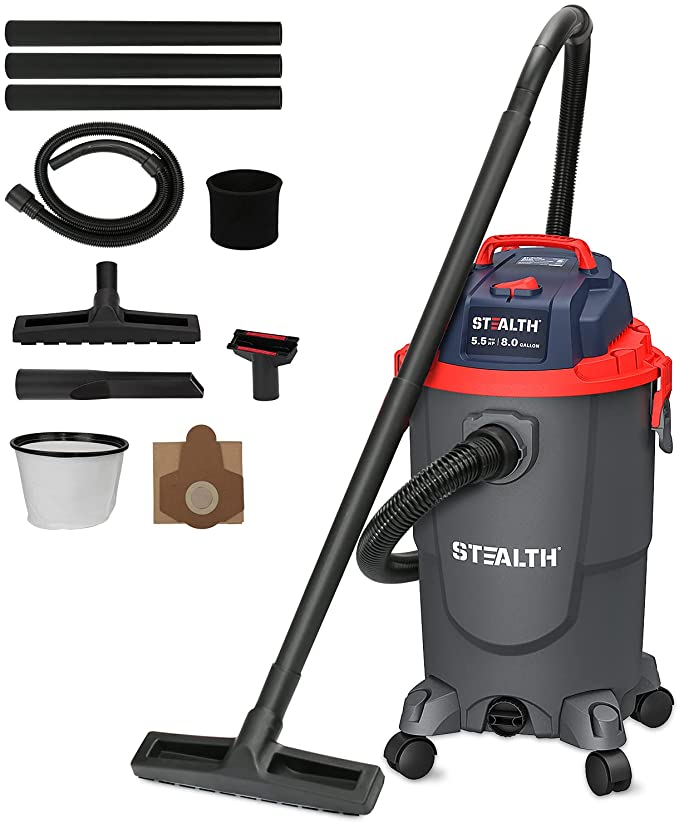 Stealth ECV08P1 8 Gallon 5.5 Peak HP Wet Dry Vacuum, Gray   Red   Blue