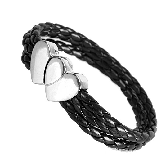 Womens Open Heart Love Stainless Steel Braided Genuine Leather Cuff Bracelet Jewelry