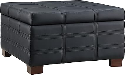 OSP Home Furnishings Detour Strap Square Storage Ottoman with Tray and Solid Wood Legs, Black Faux Leather